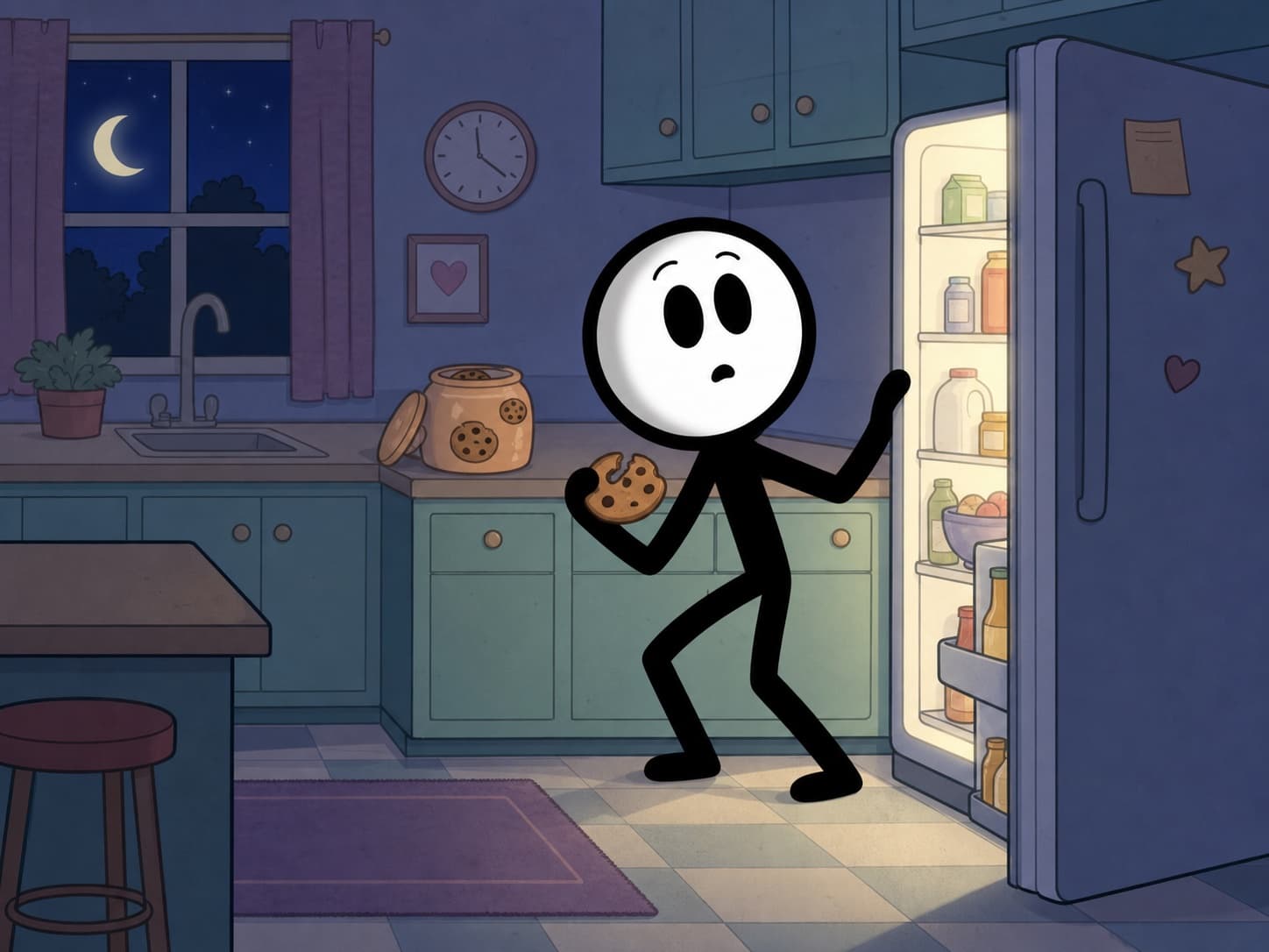 An expressive stick character caught sneaking a cookie at night